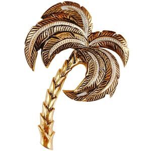VTG Damascene Palm Tree Brooch Signed Spain Mid Century Gold Tone